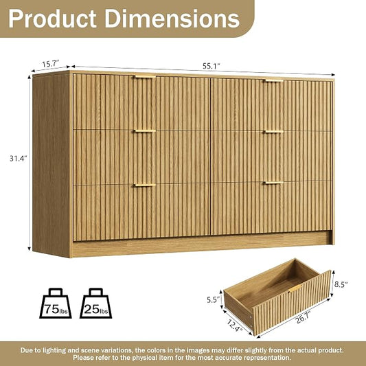 Furniway Mid Century Modern Dresser for Bedroom, 6 Drawer Wood Dresser with Fluted Front, 55.1" Wide Chest of Drawers for Living Room, Hallway, Natural Oak