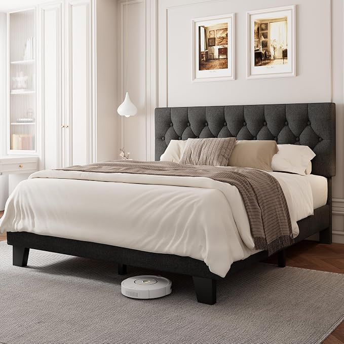 Einhomn Queen Upholstered Bed Frame with Headboard, Button Tufted Linen Bed Base, Platform Bed with Wood Slat, Heavy Duty, Easy Assembly, No Box Spring Needed, Dark Grey