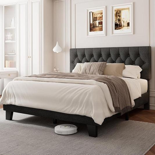 Einhomn Queen Upholstered Bed Frame with Headboard, Button Tufted Linen Bed Base, Platform Bed with Wood Slat, Heavy Duty, Easy Assembly, No Box Spring Needed, Dark Grey