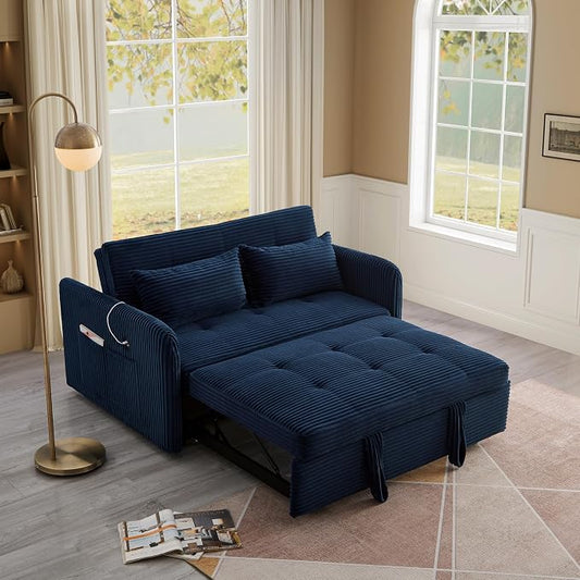55.5" Corduroy Convertible Sofa Bed, Pull Out Sleeper Sofa Bed, Loveseat Couch with USB Charging Ports, 3 in 1 Convertible Sleeper Sofa Bed for Living Room, Apartment, Bedroom, RV, Blue