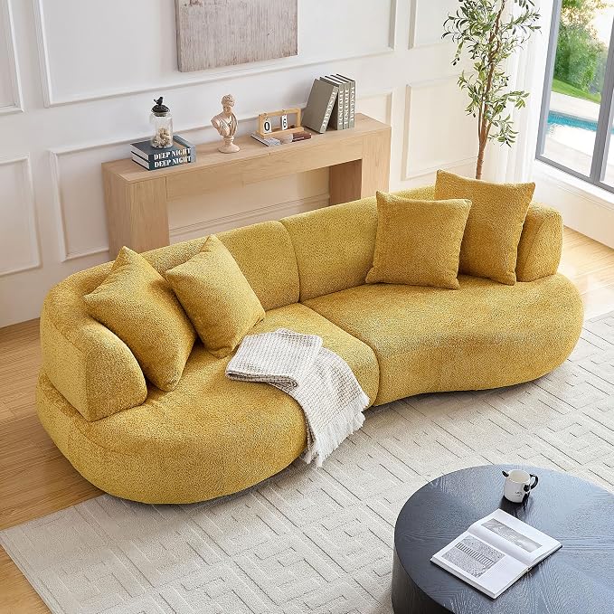KEIKI 102" Curved Oversized Boucle Modular Sectional Sofa with 4 Throw Pillows, Mid-Century 4-Seater Upholstered Corner Plush Comfy Couch, Easy Assembly, for Apartment, Living Room, Yellow