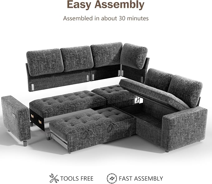 Sunny Heart 5-Seat Modular Sleeper Sofa with Pull-Out Bed & Storage, L-Shaped Chenille Sectional Couch, Reclining Backrest & USB Charging for Living Room,Guest Room Dark Grey