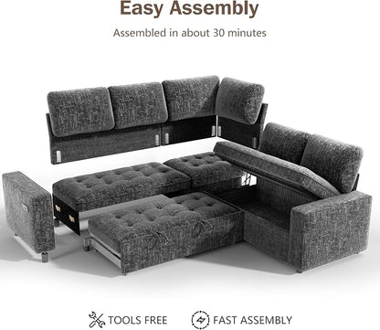 Sunny Heart 5-Seat Modular Sleeper Sofa with Pull-Out Bed & Storage, L-Shaped Chenille Sectional Couch, Reclining Backrest & USB Charging for Living Room,Guest Room Dark Grey