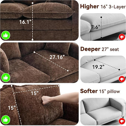 Loveseat Sofa Couch, Small Mini Compact 50" Love Seat 27" Deep Cloud Sofa Seat Washable Chenille Pillow for Apartment Bedroom Dorm Attic Studio Office Living Room Small Space 8833-BRWON