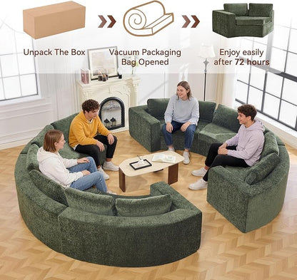 WUTUTUEE 142'' Curved Round Boneless Couch, Oversized Circular Sofa with Deep Seat & Arms, Chenille Modular Sectional Sofa with Pillows, Upholstered Comfy 12 Seat Couch for Living Room, Green