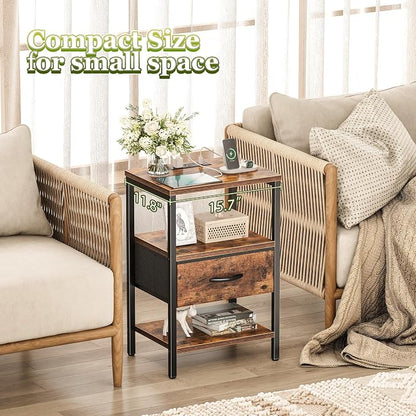 SUPERJARE Nightstand Set of 2, Bed Side Tables with Charging Station, Adjustable Fabric Drawer, Night Stand for Bedroom, 3-Tier Storage End Tables, for Living Room, Rustic Brown