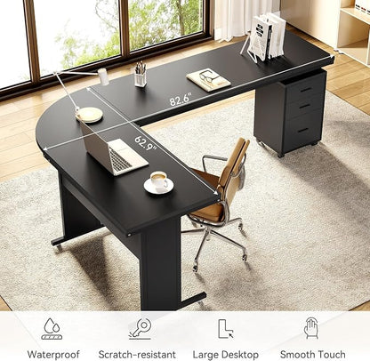 LITTLE TREE 82.67" Long Executive Desk Large L-Shaped Computer Office Desk with 3-Drawer Mobile File Cabinet, Industrial Business Furniture Desk Workstation for Home Office, Black