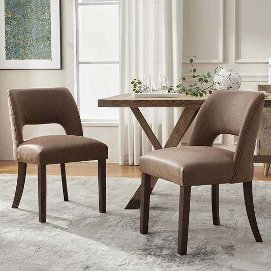 VKNOW Modern Dining Chairs Set of 2 with Rubberwood Legs, Dark Brown | Faux Leather, Curved Back, For family, Kitchen Dining RoomRestaurant Reception Room, No wobble, 80% pre-installed