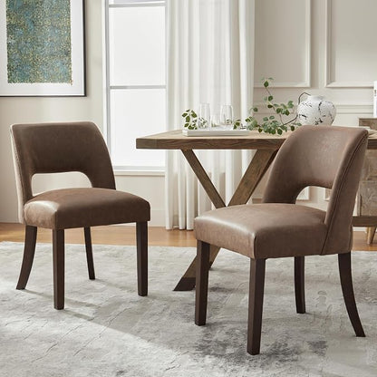 VKNOW Modern Dining Chairs Set of 4 with Rubberwood Legs, Dark Brown | Faux Leather, Curved Back, For family, Kitchen Dining RoomRestaurant Reception Room, No wobble, 80% pre-installed