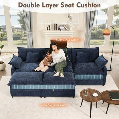 GOSUHI 108" U-Shaped Modular Cloud Couch, Deep Seat, Chenille Navy | Cloud Comfort, Couches for Living Room, Removable & Machine-Washable Covers, Movable Ottoman, Modular Sectional Sofa