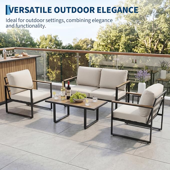 Outdoor Patio Furniture Set, 4-Piece Outdoor Conversation Sofa Set, Lawn Furniture with Coffee Table & Washable Thick Cushions,Seating Sofa for Garden, Deck, Backyard,Beige