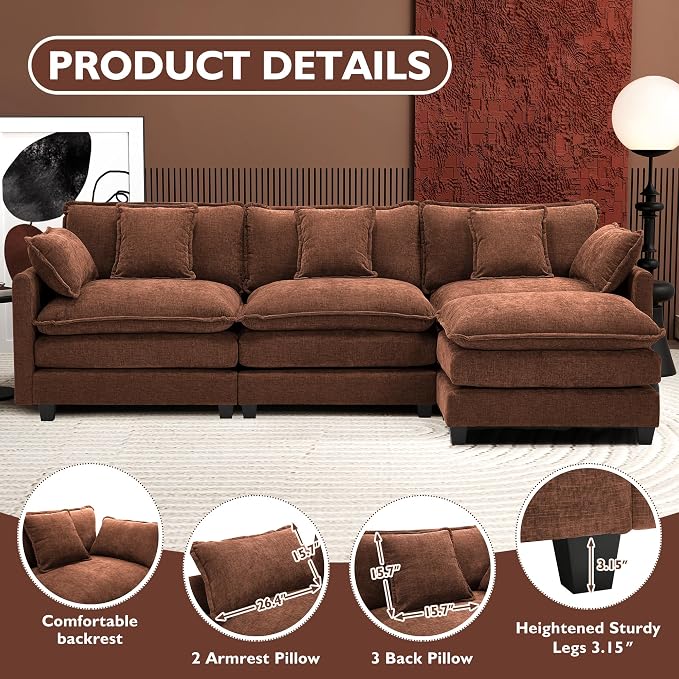 Ihanherry 111.4" L Shaped Modern Sofa Modular Sectional Luxurious and Comfortable with Ottoman, 4-Seat Chenille Deep Seat Sofa with Pillow for Living Room, Bedroom and Apartment, Brick Red