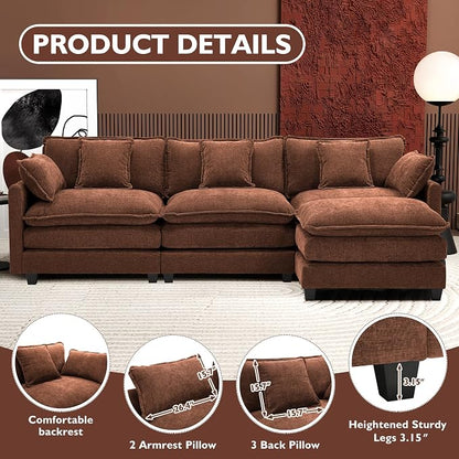 Ihanherry 111.4" L Shaped Modern Sofa Modular Sectional Luxurious and Comfortable with Ottoman, 4-Seat Chenille Deep Seat Sofa with Pillow for Living Room, Bedroom and Apartment, Brick Red