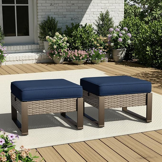 Joyside Outdoor Patio, All-Weather PE Rattan Ottomans Footstools with Removable Cushions & Anti-Rust Wood-Looking Legs for Garden, Backyard, Porch, Deck (Blue)