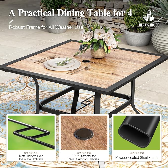 HERA'S HOUSE Patio Table and Chairs for 4, 5 Pieces Outdoor Deck Dining Sets, Square Metal Table Set with Chairs for Lawn Garden Backyard, Brown