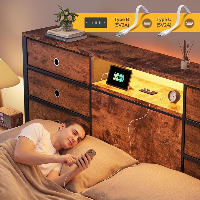 Homkdom Full Size Bed Frame with 8 Fabric Drawers Storage, LED Lights & Charging Station, Metal Platform Bed Frame with Headboard Storage Providing Noise-Free and Easy Assembly,Modern Brown
