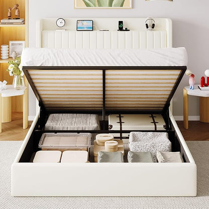 Allewie Queen Size Lift Up Storage Bed Frame,Storage Shelf Headboard with Charging Station,Type-C and USB Ports,Hydraulic Support,Velvet Upholstered Bed Frame,No Box Spring Needed,Cream