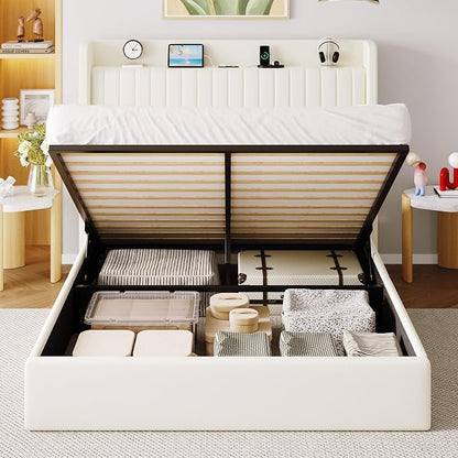 Allewie Full Size Lift Up Storage Bed Frame,Storage Shelf Headboard with Charging Station,Type-C and USB Ports,Hydraulic Support,Velvet Upholstered Bed Frame,No Box Spring Needed,Cream