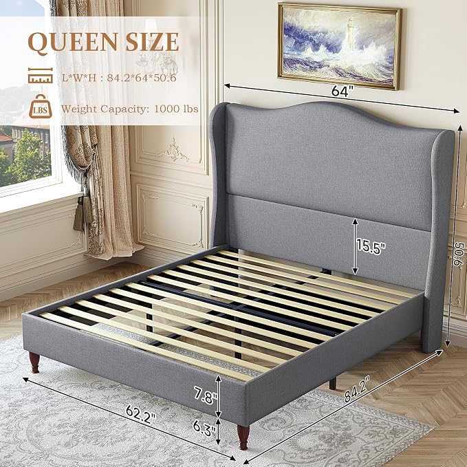 koorlian Queen Bed Frame Upholstered Platform Bed with 51" Tall Headboard Wingback, Soft Fabric, Retro Simple Style No Box Spring Needed, Easy Assembly, Grey
