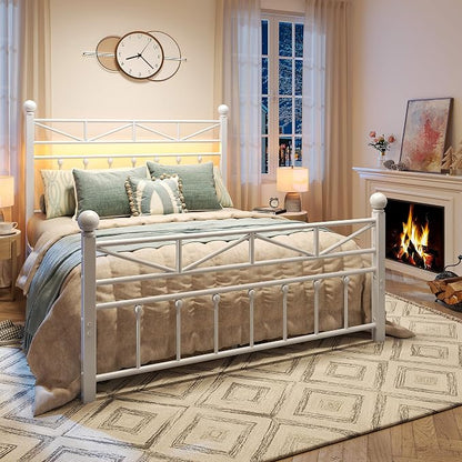 EnHomee 14.2" Metal Full Size Bed Frame with Tall Headboard & Footboard, LED Light Full Bed Frame, Strong Slats Support and Noise-Free Design with Under Bed Storage/No Box Spring Needed/White