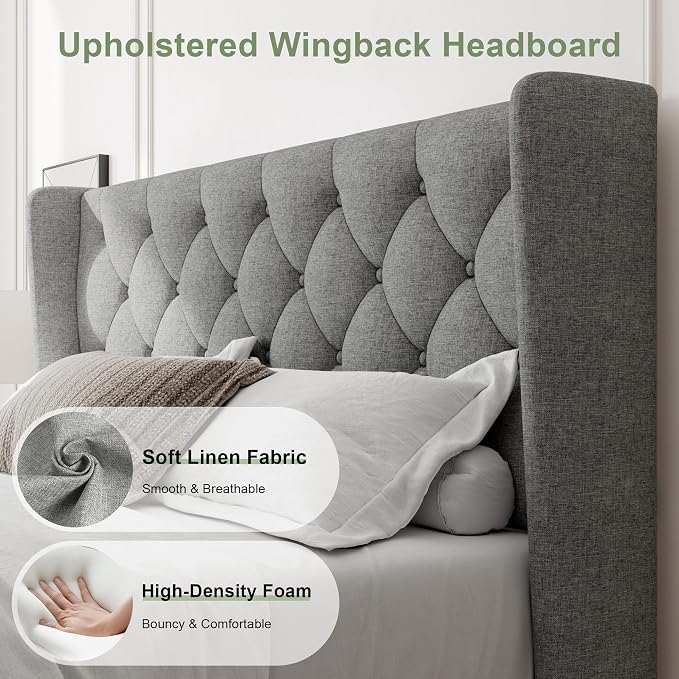 Feonase Queen Bed Frame with Upholstered Wingback Headboard, Platform Bed and Heavy Duty Wooden Slats Support, Easy Assembly, Noise-Free, No Box Spring Needed, Light Gray