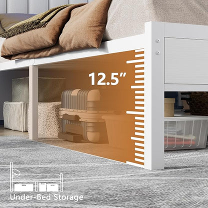 Furnulem White Full Size Bed Frame with Charging Station & Led Lights, PU Leather Upholstered Headboard with 2-Tier Storage Shelves, No Box Spring Needed, Metal Slat Support, Solid and Stable