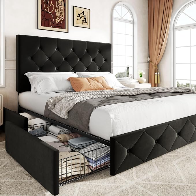 Allewie Upholstered Full Size Platform Bed Frame with 4 Storage Drawers and Adjustable Headboard, Diamond Button Tufted, Wooden Slats Support, Noise-Free, No Box Spring Needed, Easy Assembly, Black