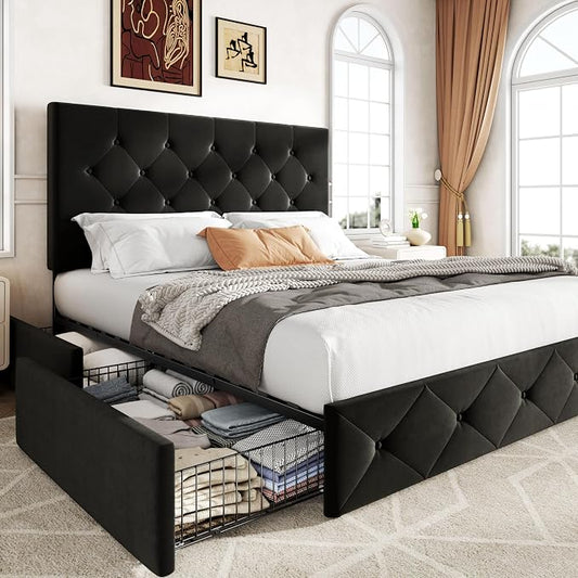 Allewie Upholstered Full Size Platform Bed Frame with 4 Storage Drawers and Adjustable Headboard, Diamond Button Tufted, Wooden Slats Support, Noise-Free, No Box Spring Needed, Easy Assembly, Black