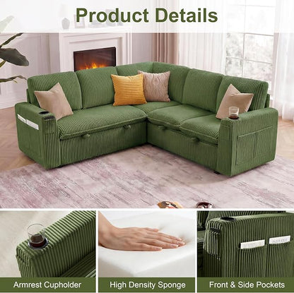 Sectional Sleeper Sofa with Pull Out Bed, Plush Corduroy 5 Seat Modular Sectional Sofa with Storage Chaise and Adjustable Backrest, Cloud Couches for Living Room, Apartment, Green