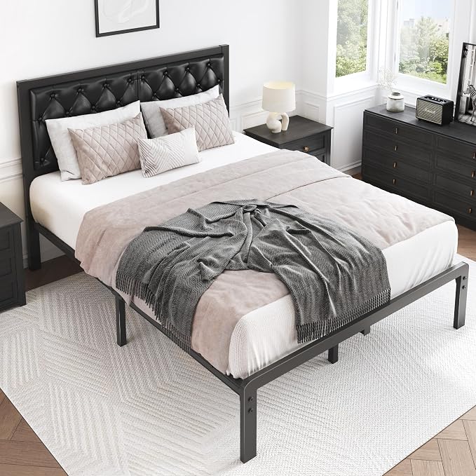 HISOFT Full Bed Frame with Upholstered Button Tufted Headboard, Bed Frame Platform Metal Slats Support, Under Bed Storage, No Box Spring Needed, Noise-Free, Easy Assembly, Black