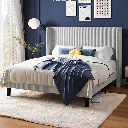 Allewie Full Size Bed Frame with Upholstered Wingback Headboard, Vertical Channel Tufted Corduroy Velvet Platform Bed, Strong Wooden Slats Support, No Box Spring Needed, Easy Assembly, Light Grey