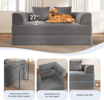 Living&Giving Convertible Boneless Couch, 5-in-1 Foldable Floor Futon Sofa Bed, 70" Corduroy Loveseat Sleeper with High-Density Foam & Firm Support for Small Apartment, Medium Gray