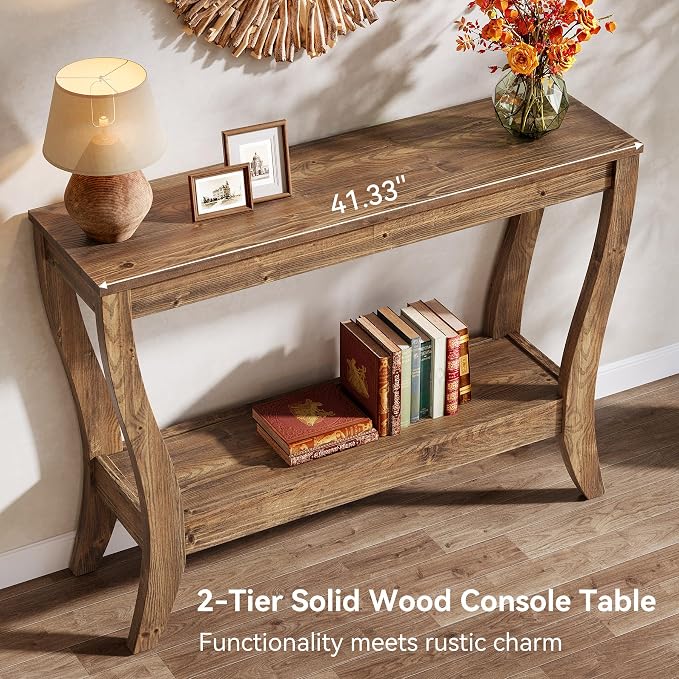 Solid Wood Console Table for Entryway, 41.3-Inch Farmhouse Sofa Table with Storage, 2-Tier Wooden Entrance Table for Living Room, Hallway, Foyer, (Brown)