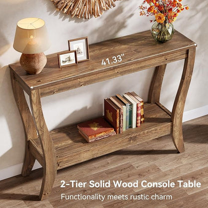 Solid Wood Console Table for Entryway, 41.3-Inch Farmhouse Sofa Table with Storage, 2-Tier Wooden Entrance Table for Living Room, Hallway, Foyer, (Brown)