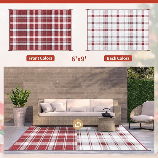 GENIMO Waterproof Outdoor Rug for Patio Clearance, 6'x9' Reversible Plastic Straw Rugs, Lightweight RV Camping Mat for Camper, Balcony, Deck, Backyard, Picnic, Red White Plaid
