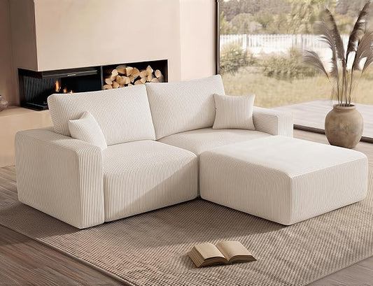 Modular Sectional Sofa with Ottoman, L-Shaped Cloud Couch, 79" Memory Foam Boneless Loveseat with Chaise, No Assembly Required Corduroy Frameless Sofa for Small Living Room Apartment Home Decor, Beige