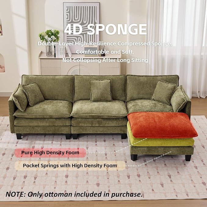 Opiesit Ottoman for Sectional Cloud Couch, Chenille Ottoman for Deep Seat Modular Sofa for Apartment, Living Room and Bedroom, Green