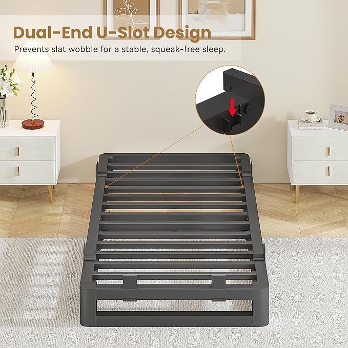 6 Inch Twin XL Bed Frame with Rounded Corner and Squeak Free U-Slot Design, Metal Platform Bed Frames 6 Non-Slip Guards, 3500lbs Heavy Duty Steel Slat Support, No Box Spring Needed, Black