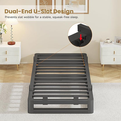 6 Inch Twin XL Bed Frame with Rounded Corner and Squeak Free U-Slot Design, Metal Platform Bed Frames 6 Non-Slip Guards, 3500lbs Heavy Duty Steel Slat Support, No Box Spring Needed, Black