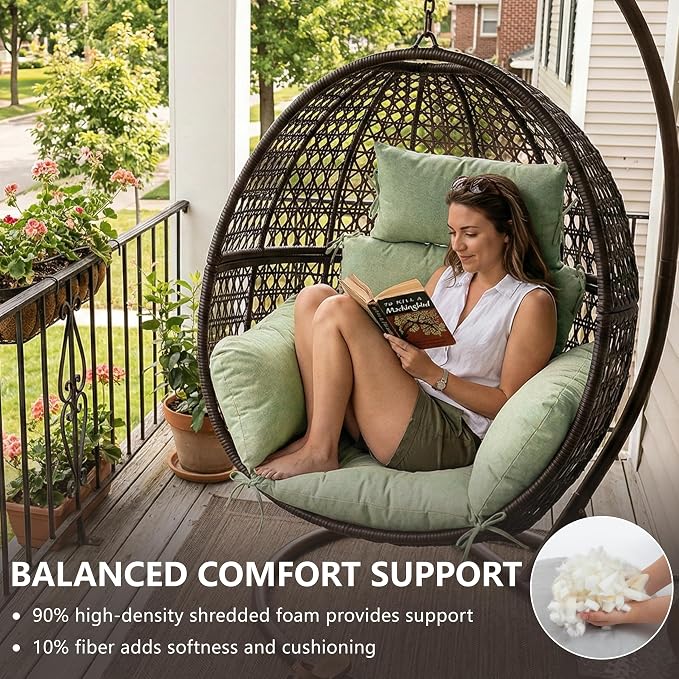 Egg Chair Cushion with 8 Securing Straps, Water-Repellent & Fade-Resistant Faux Linen, Removable Cover, Replacement Cushion for Most Single Outdoor Hanging Swing Egg Chairs – Sage Green