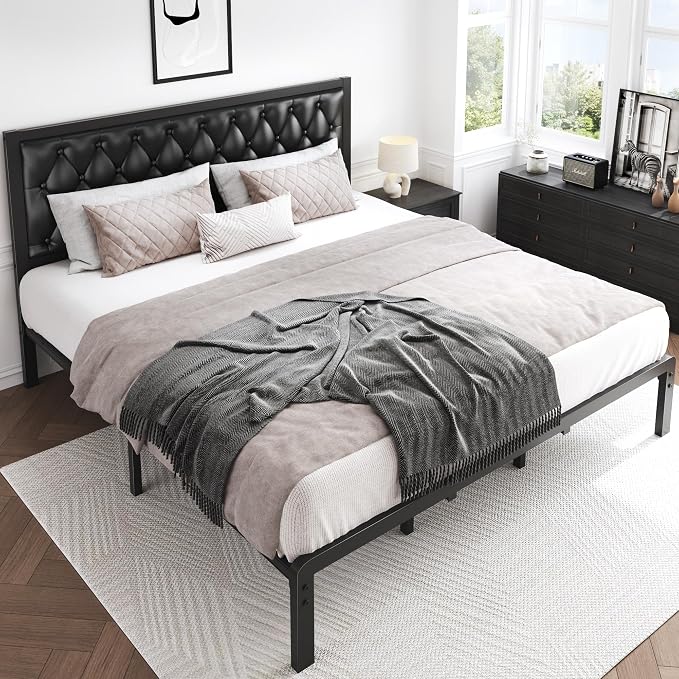 HISOFT King Bed Frame with Upholstered Button Tufted Headboard, Bed Frame Platform Metal Slats Support, Under Bed Storage, No Box Spring Needed, Noise-Free, Easy Assembly, Black