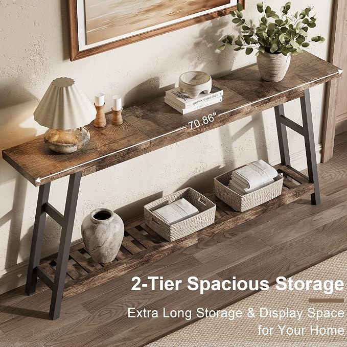 ChooChoo 70.9 Inch Long Console Tables for Entryway, Wood 2-Tier Entry Hallway Table, Narrow Sofa Table Behind Couch Table for Living Room, Entrance, Grey