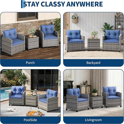 Garvee Outdoor Wicker Chairs,3 Pieces Patio Furniture Set,All Weather High Back Rattan Chairs w/Washable Cushion and Tempered Glass Tabletop for Deck Porch Balcony Backyard Garden,Gray & Blue