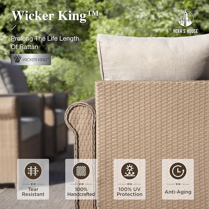 HERA'S HOUSE Patio Furniture Set, 4 x Cushioned Chairs, 3-Seat Sofa with Wood Grain Coffee Table, 5 Seats Luxury Windsor Style All Weahter Outdoor Sofa Conversation Set for Deck Lawn Backyard