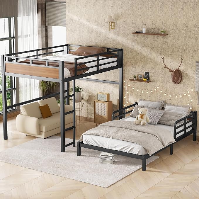 Full Over Full Metal Bunk Bed, Heavy Duty Convertible Bunk Bed Frame with Headboard & Full Guardrails, Can Be Split into Two Platform Beds or Loft Bed,Walnut
