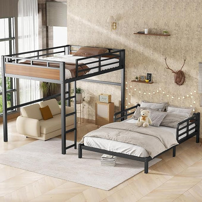 Full Over Full Metal Bunk Bed, Heavy Duty Convertible Bunk Bed Frame with Headboard & Full Guardrails, Can Be Split into Two Platform Beds or Loft Bed,Walnut