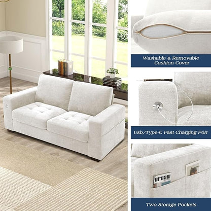 WorthFurni Sofas for Living Room, Chenille Loveseat Couch Set, Small Sofa, 3 Seater Sofa, USB Charging, Removable Sofa Cover,Solid Wood Frame, Easy to Install(70inch,Beige)