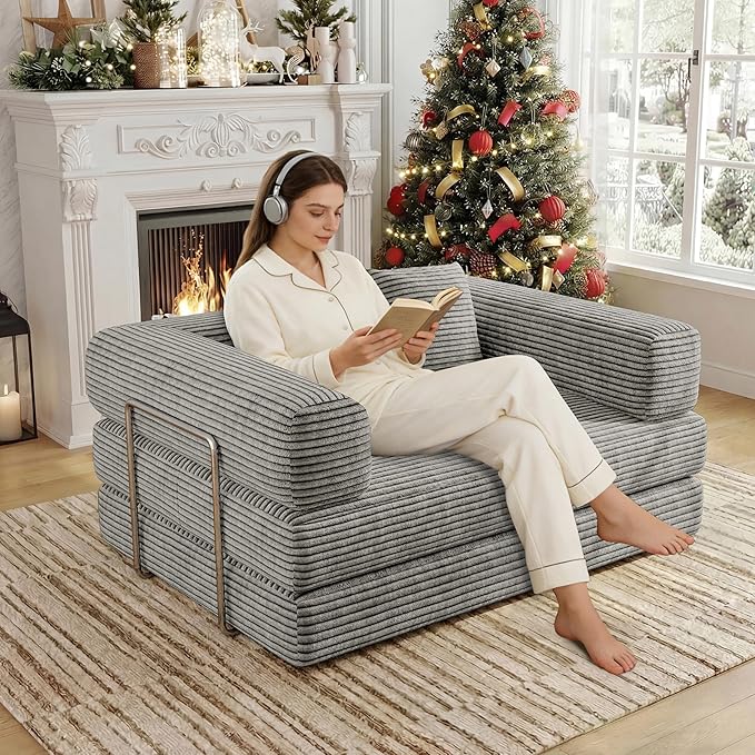 BSHOMGI 4 in 1 Convertible Sofas Boneless Couches with 2 Pillow, Modern Corduroy Futon Bed, Modular Queen Sofa with Pull-Out Bed, LoveSeat for Living Room, Small Space Apartment 53.15" Double Sofa