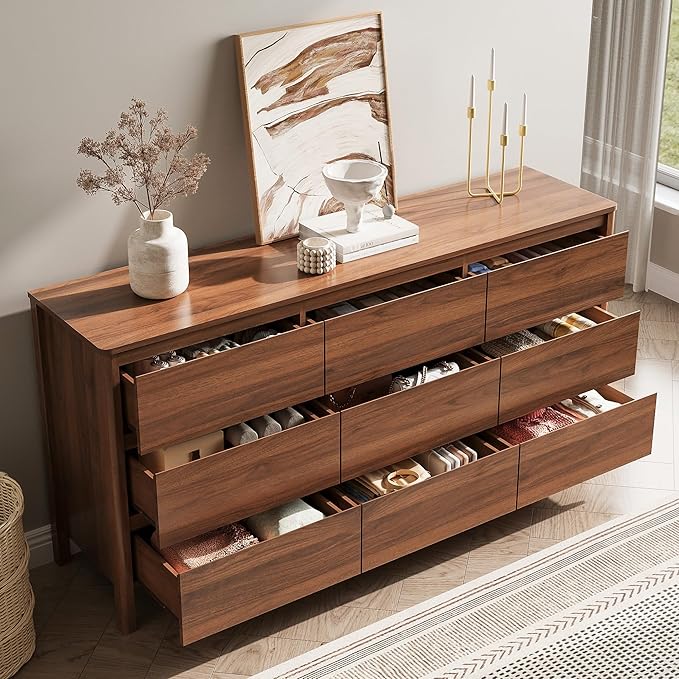 MAISONARIA Walnut 3-Piece Dresser Bedroom Set, 9 Drawers Dresser & 2 Drawer Nightstands with Hidden Handles, Wood Chest of Drawers for Bedroom, Living Room, Entryway