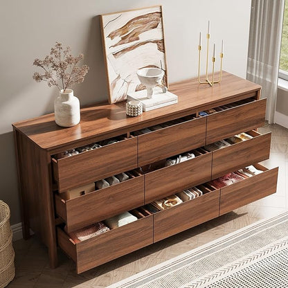 MAISONARIA Walnut 3-Piece Dresser Bedroom Set, 9 Drawers Dresser & 2 Drawer Nightstands with Hidden Handles, Wood Chest of Drawers for Bedroom, Living Room, Entryway